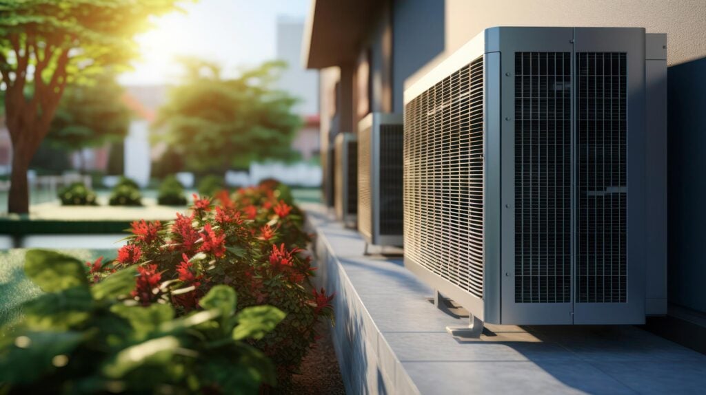 An exterior of a building with multiple AC units and flowers - RA Hoy Heating & Air Conditioning An exterior of a building with multiple AC units and flowers