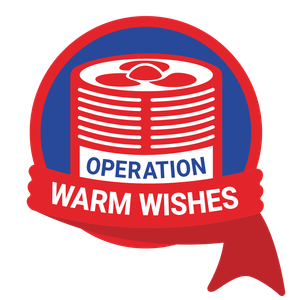 operation-warm-wishes-logo-rahoy-2 - RA Hoy Heating & Air Conditioning Circular charity badge with a red ribbon reading 'OPERATION WARM WISHES' and a blue inner circle that suggests a can motif, conveying a fundraising campaign.